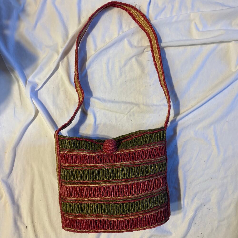 Handmade Woven Jute Crossbody Bag Red Green Boho Shoulder Tote Artisan Beach